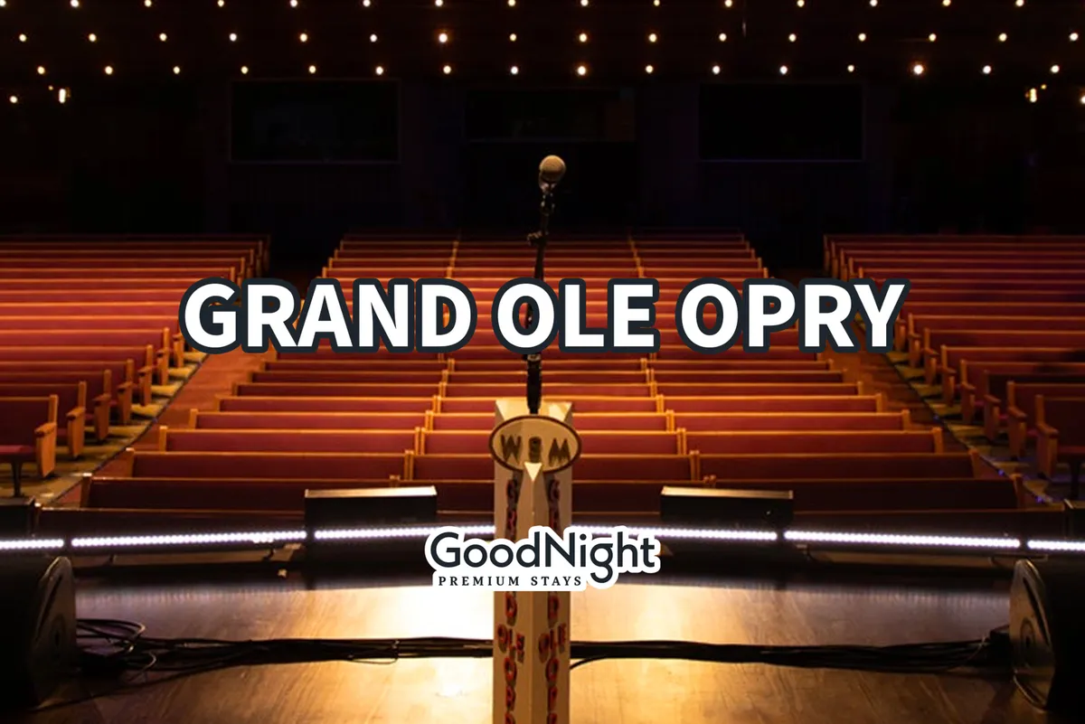 An inviting performance stage with a lone microphone at the center, rows of seats awaiting an audience, and colorful stage lighting evoking anticipation for a live show. The scene is a clear nod to Nashville’s musical legacy and group experiences.